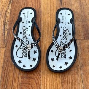 Philipp Plein Black and White Flip Flops with Crystal Skull Embellishment